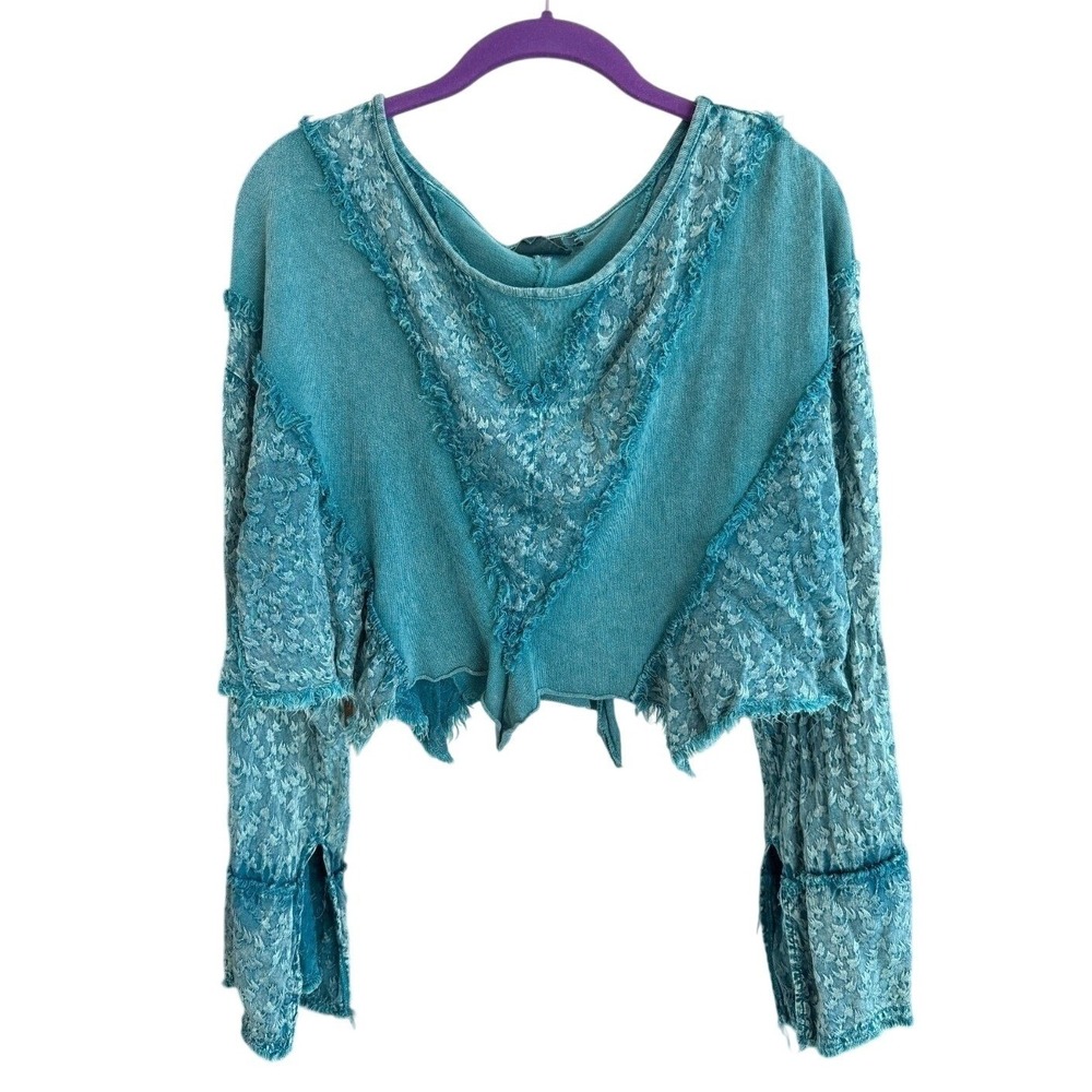 Out From Under Teal Raw Hem Boho Fairy Grunge Bell Sleeve Cropped Blouse Top L